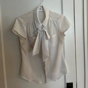 Short-sleeve, button-up blouse with bow